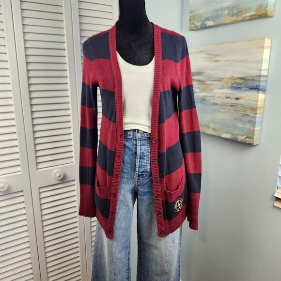 Abercrombie & Fitch Cardigan S Navy Red Stripe Logo Y2K Preppy Academia - Picture 1 of 8